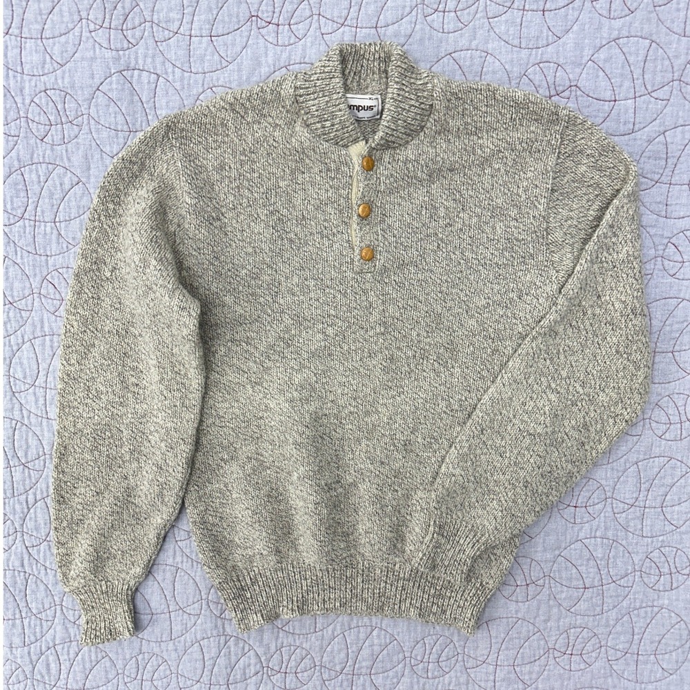 VTG Campus Sweater Gray‎ Ragg Wool Shawl Collar Henley / Men's XL